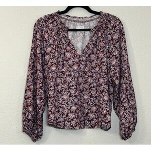 Old Navy Womens M Blouse Burgundy Floral Peasant Sleeve Blouse Textured Cottage